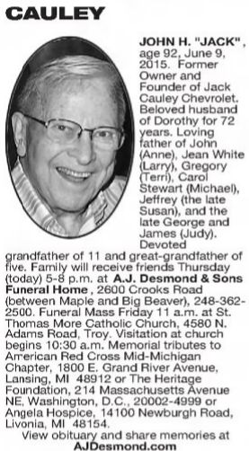 Jack Cauley Chevrolet - June 2015 Jack Cauley Passes Away